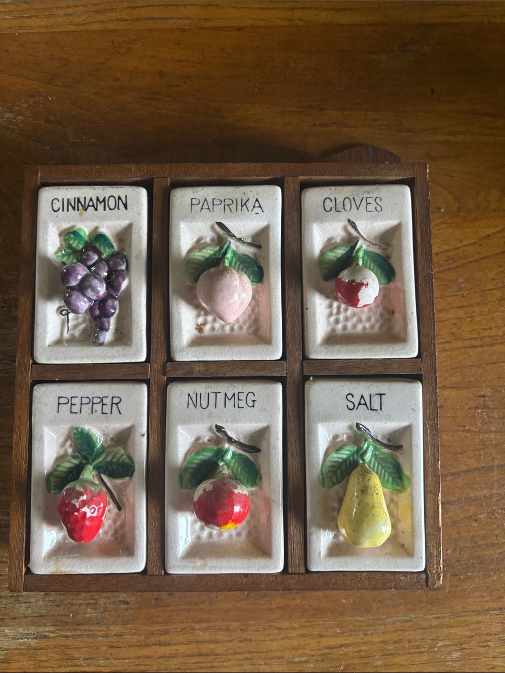 Vintage Japan Ceramic Fruit Theme  Spice Tile Set Multicolor in Wooden Rack